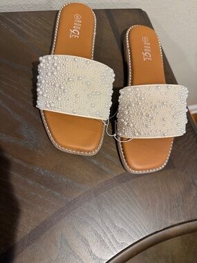 Rouge Helium Pearl-Embellished Cream Slide Sandals